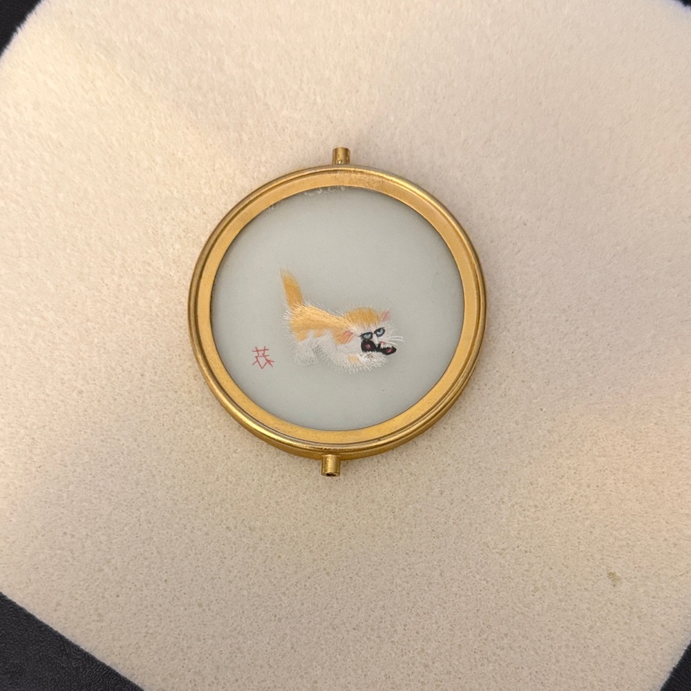 Gold Framed Cat Embroidery Pendant